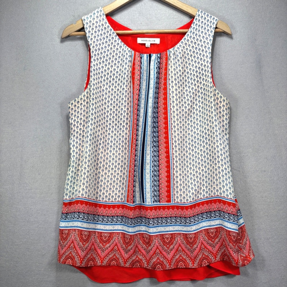 Rose + Olive Red White Blue Paisley Mixed Print‎ Split Back Sleeveless Blouse L